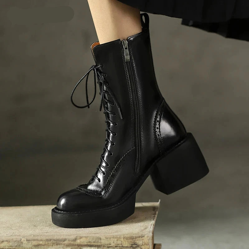 Genuine Leather Round Toe Ankle Boots