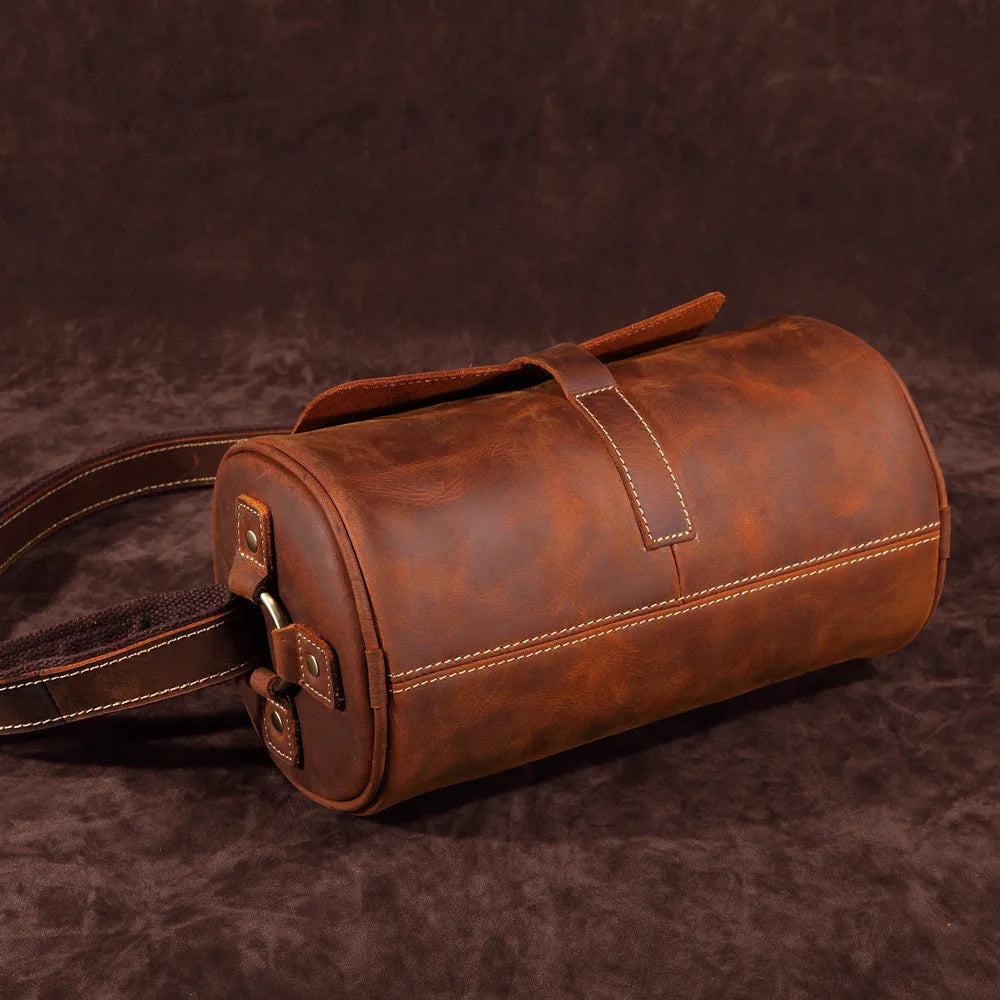 Unique Design Vintage Crossbody Bags with Genuine Leather Barrel-shaped