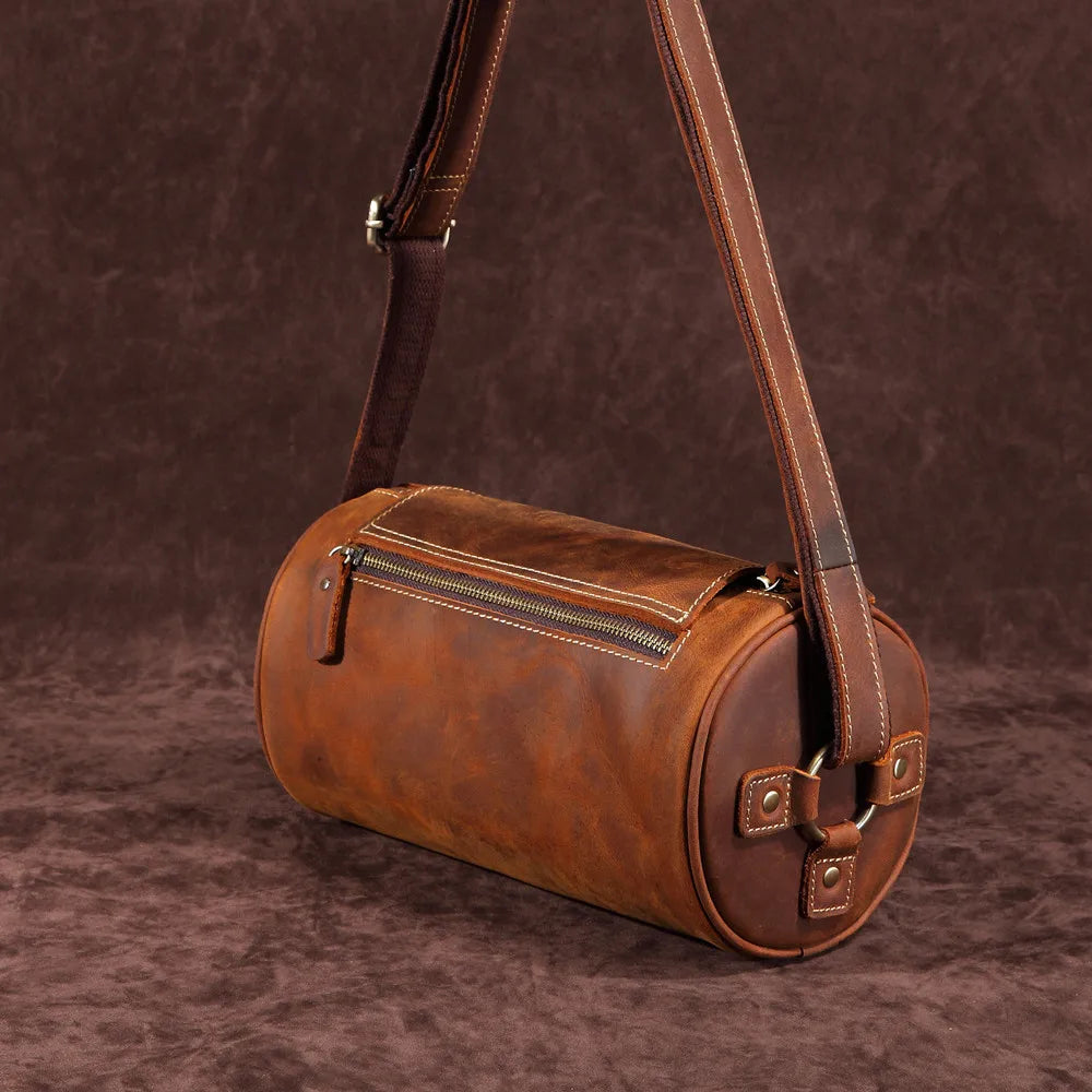 Unique Design Vintage Crossbody Bags with Genuine Leather Barrel-shaped