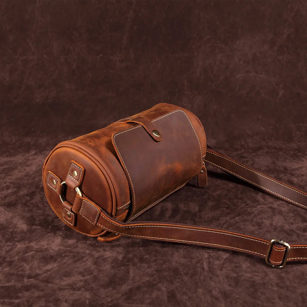 Unique Design Vintage Crossbody Bags with Genuine Leather Barrel-shaped