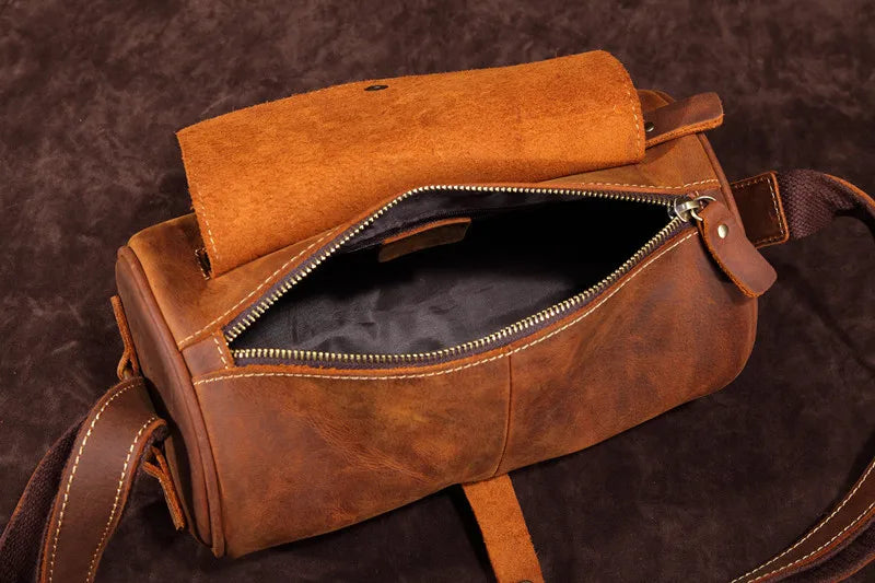 Unique Design Vintage Crossbody Bags with Genuine Leather Barrel-shaped