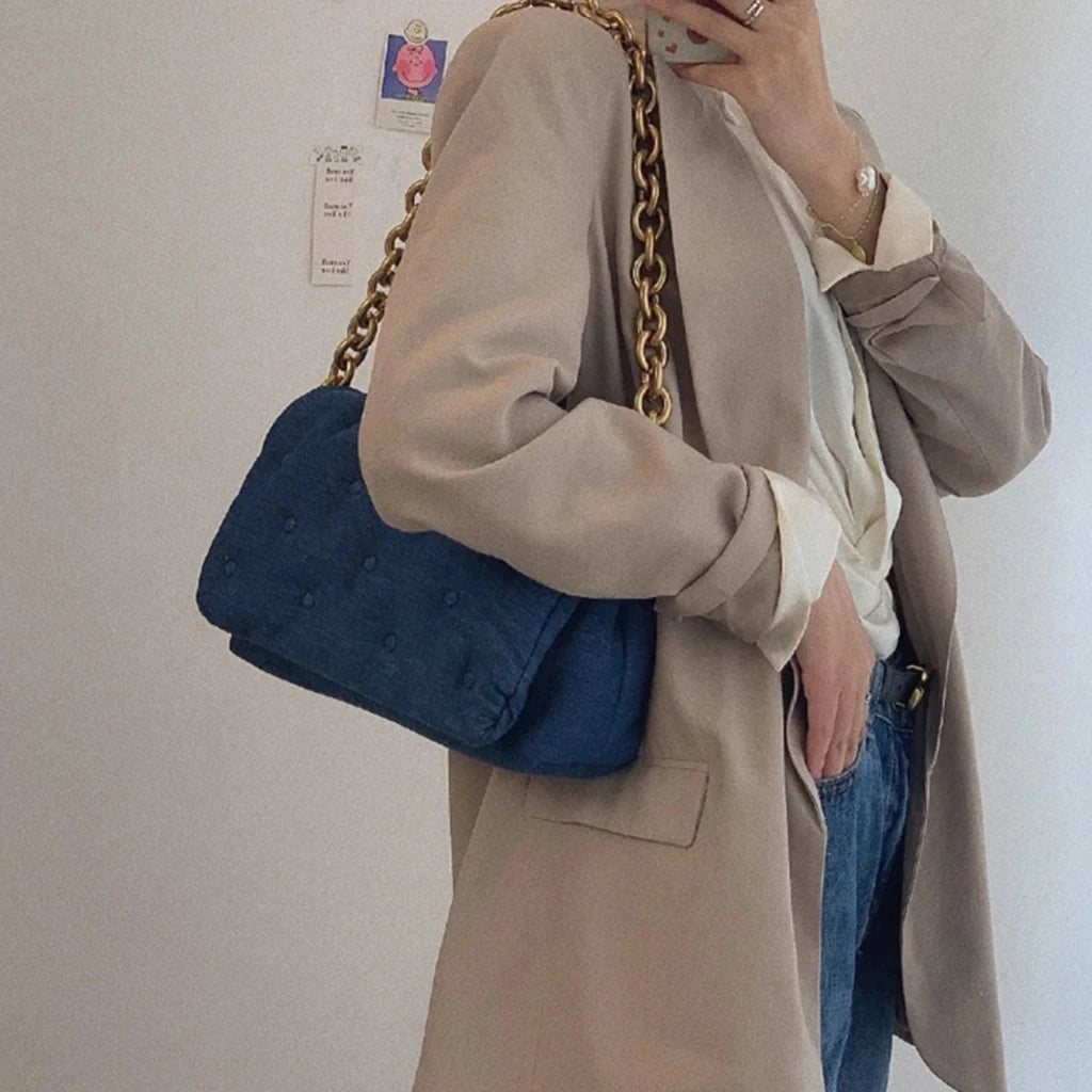 Denim and Leather padded Shoulder Bag