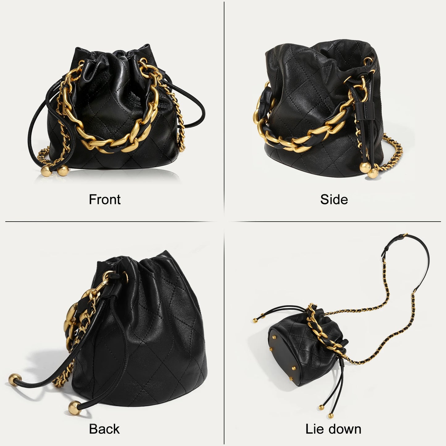 Genuine Leather Quilted Bucket Bag