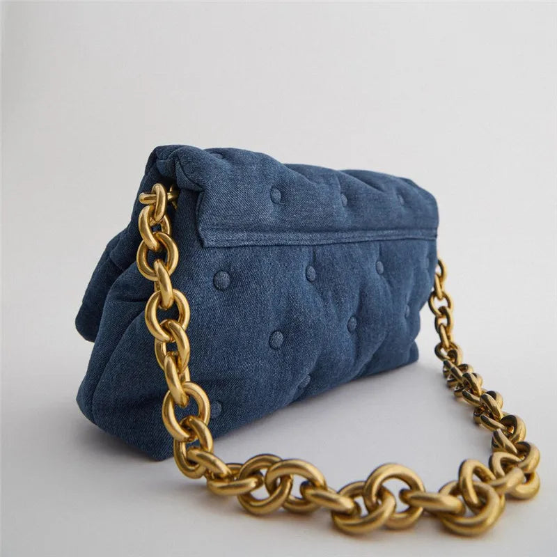 Denim and Leather padded Shoulder Bag