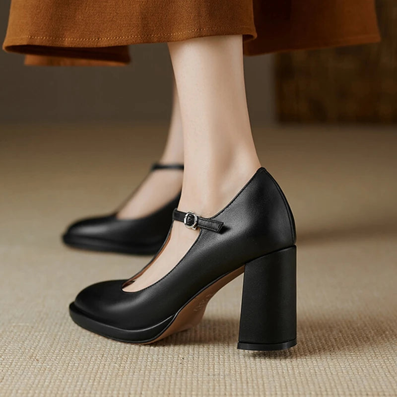 Genuine Leather Mary Jane Heel Shoes