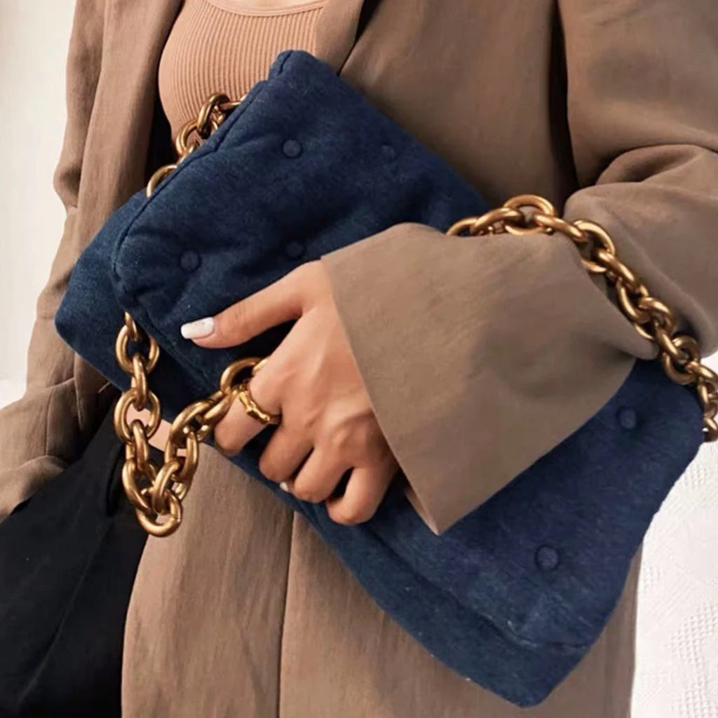 Denim and Leather padded Shoulder Bag