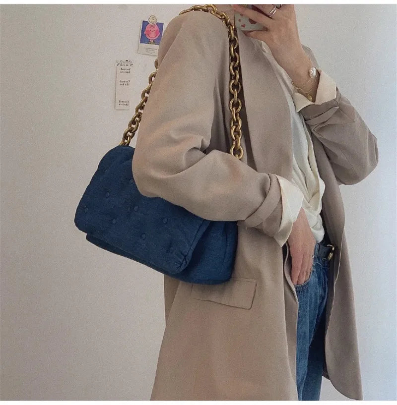 Denim and Leather padded Shoulder Bag