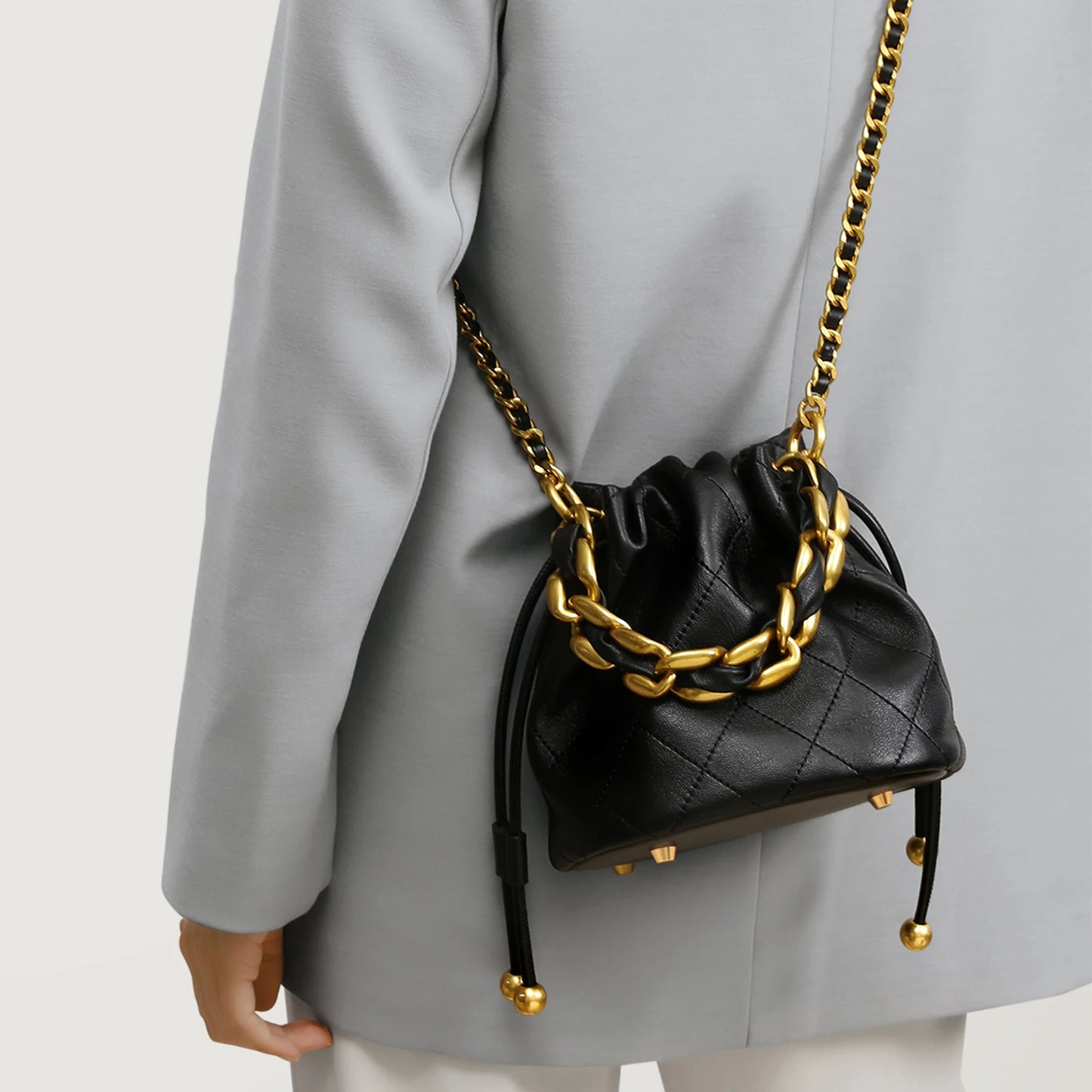 Genuine Leather Quilted Bucket Bag